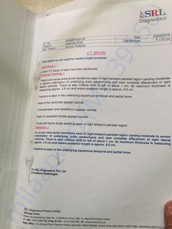 Pre operation CT Scan report from SRL Diagnostics