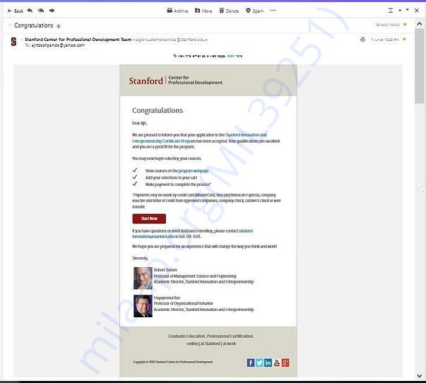 Acceptance email from Stanford