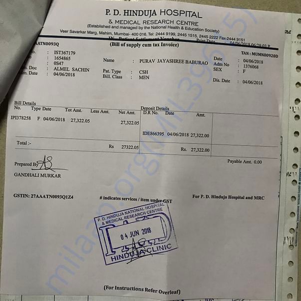 Hinduja Hospital Bill for first chemo on 4/6/2018