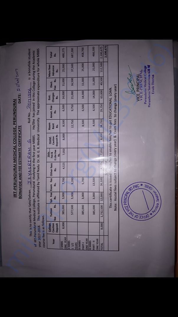 Fee Estimate College Certificate