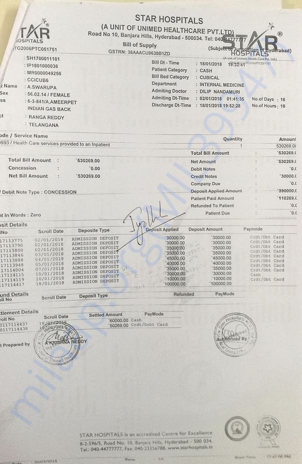 Attached bill for kidney treatment