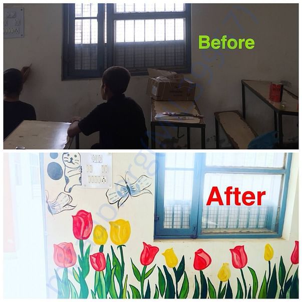 before and after sample of painted wall by team in govt. school, asr