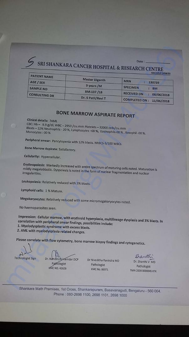 Bone Marrow Test Report of Master Diganth