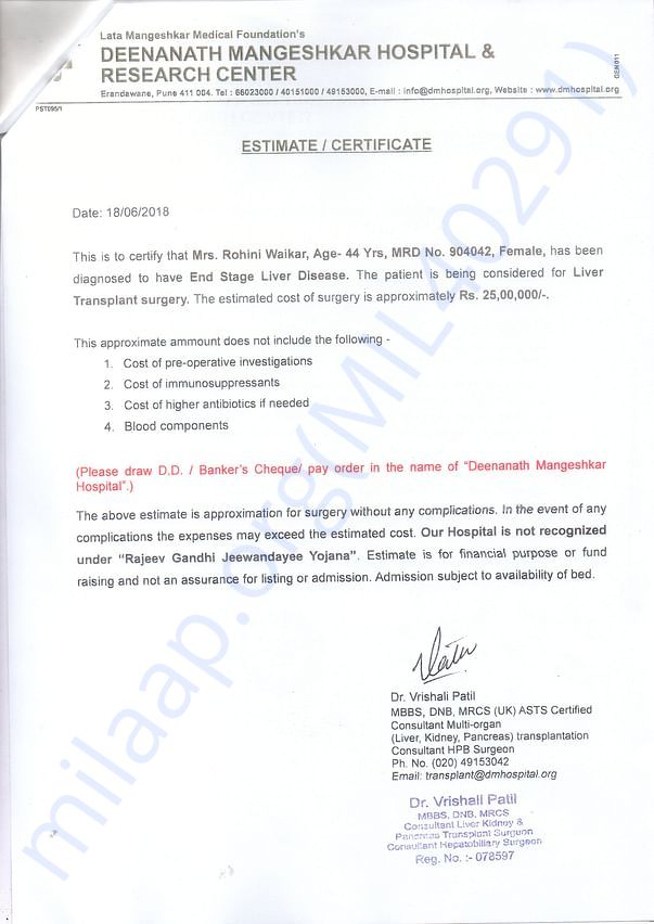 Estiment for the Mrs. Rohini waikar
