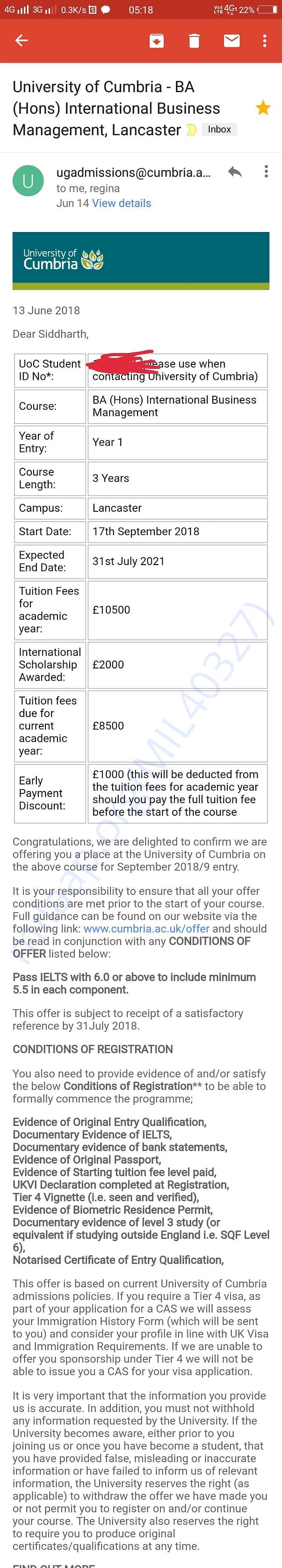 This is the screenshot of letter of offer from University