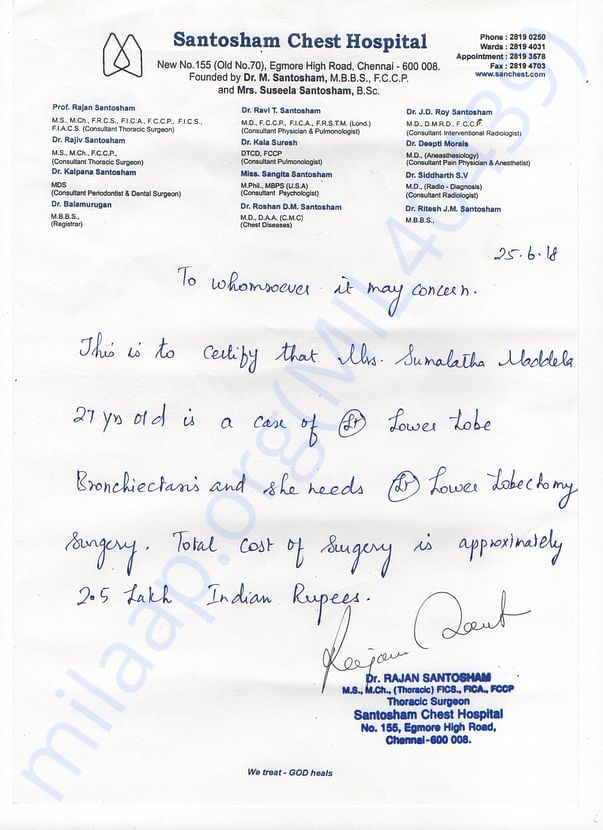 Letter from the Doctor for Estimate cost for Surgery
