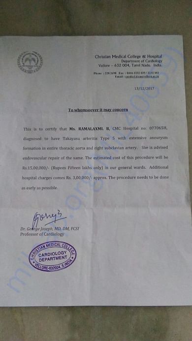 CMC HOSPITAL, VELLORE GIVEN QUOTATION FOR OPERATION
