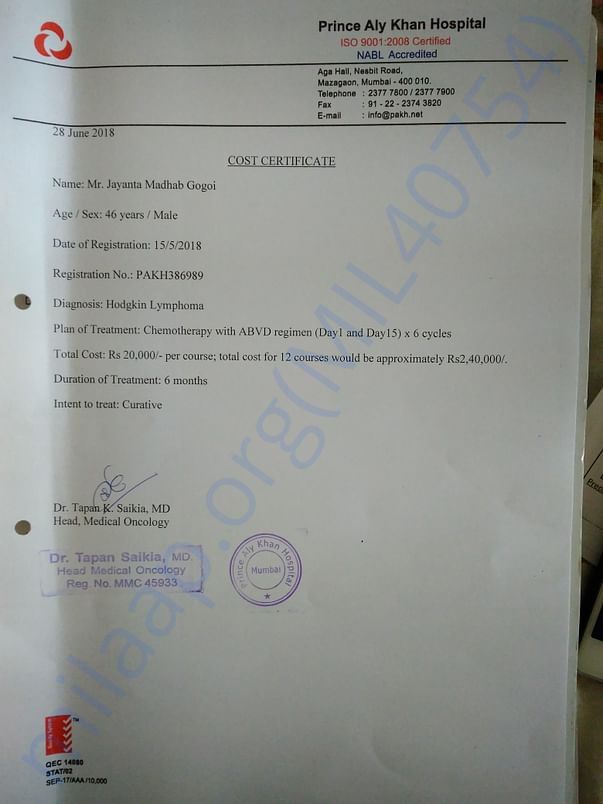 Oncologist's estimate for the first 6 months of cost of treatment