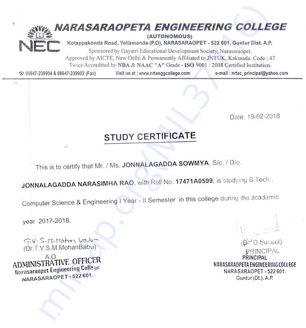 Study Certificate (B.Tech)