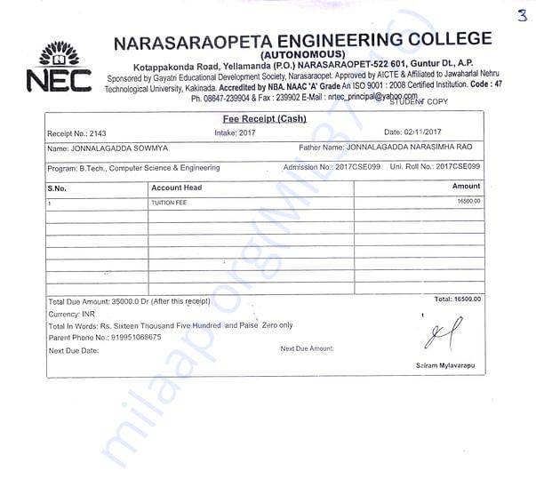 1st Year Fees Receipt -3