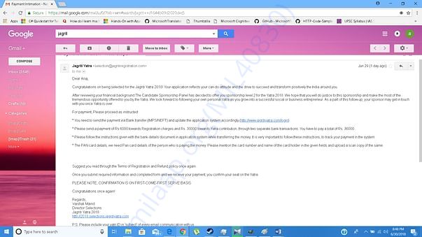 Scholarship and Payment intimation mail from Team Jagriti