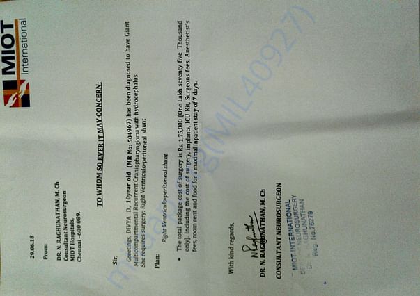 Cost Estimate and Diagnosis letter from the attending surgeon