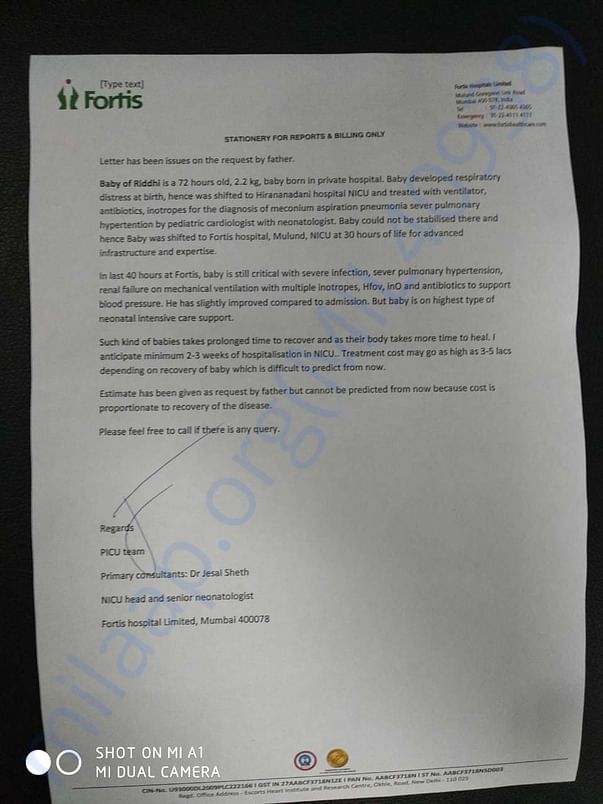 FORTIS HOSPITAL letter