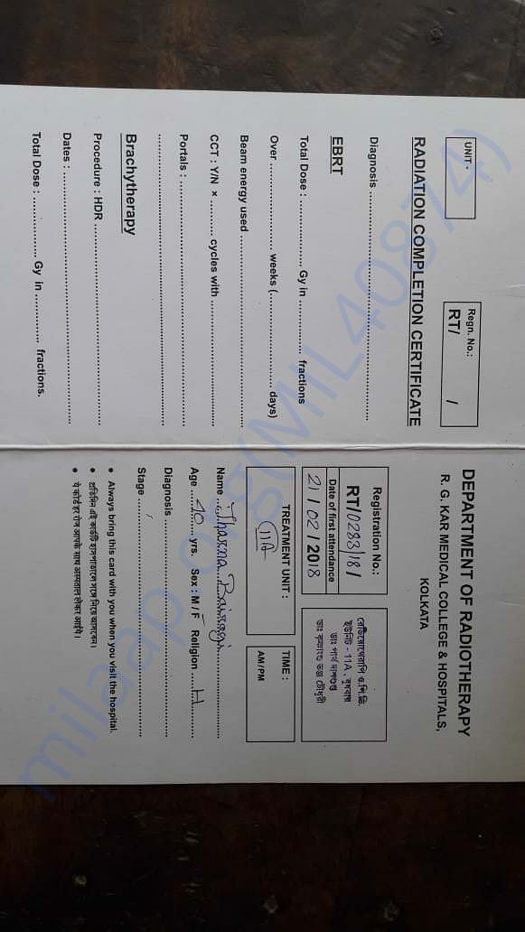 Registration on Department of Radiotherapy