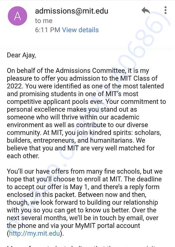 MIT official letter acceptance email
