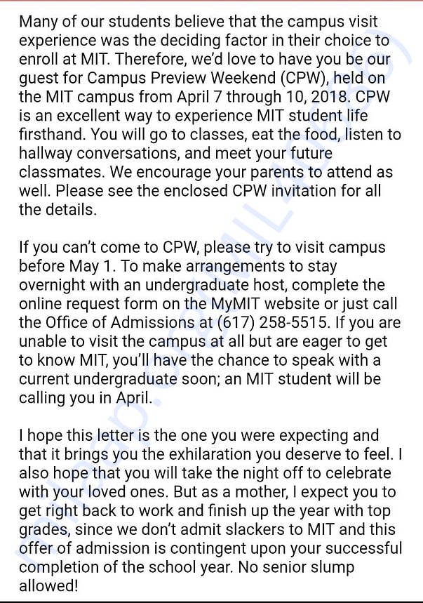 MIT official letter of acceptance continued