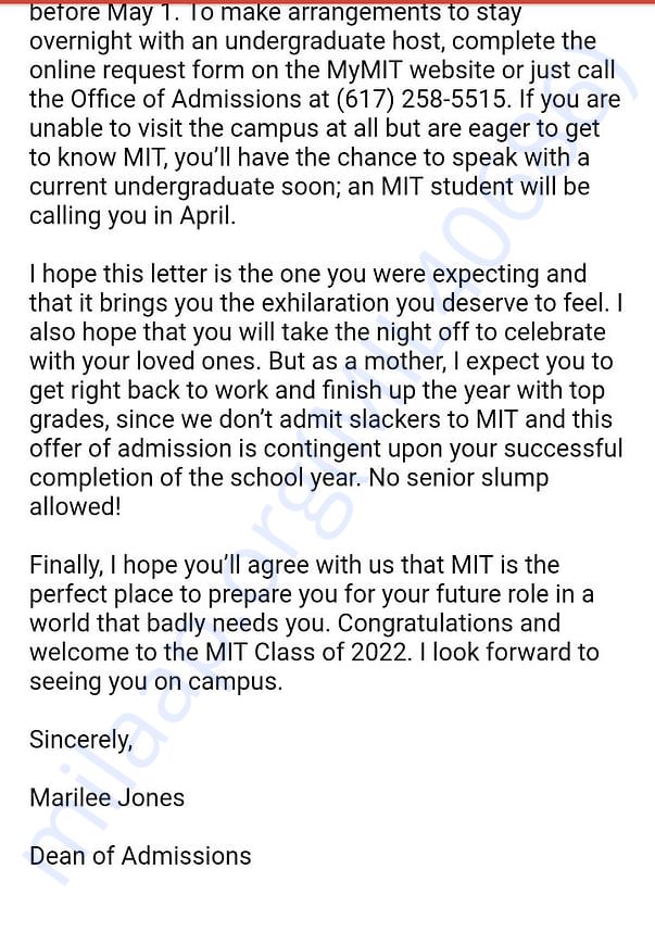 MIT official letter of acceptance continued