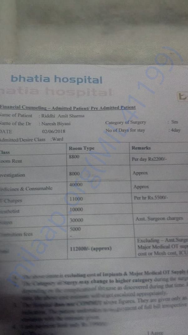 Hospital details and estimated bill amount