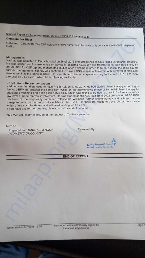 Medical report for Yadhav