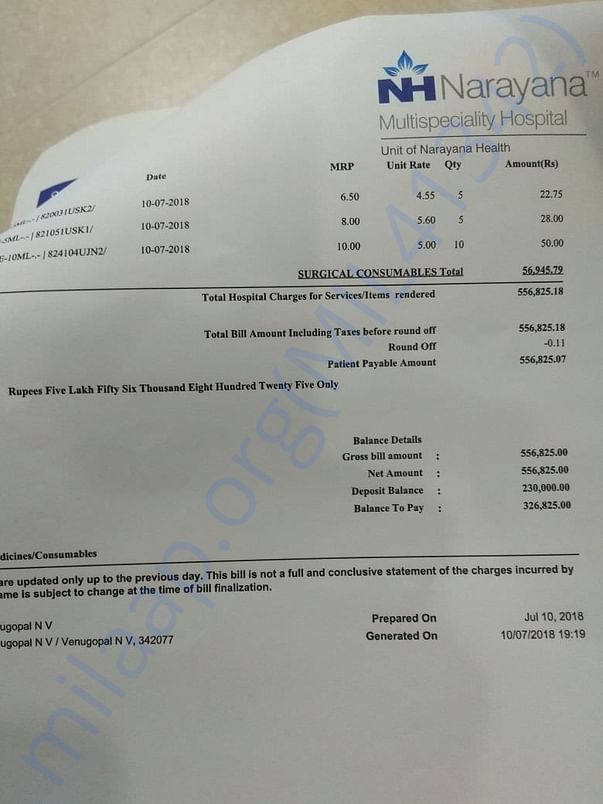 Ajith's updated invoice from Narayana Multi Speciality Hospital
