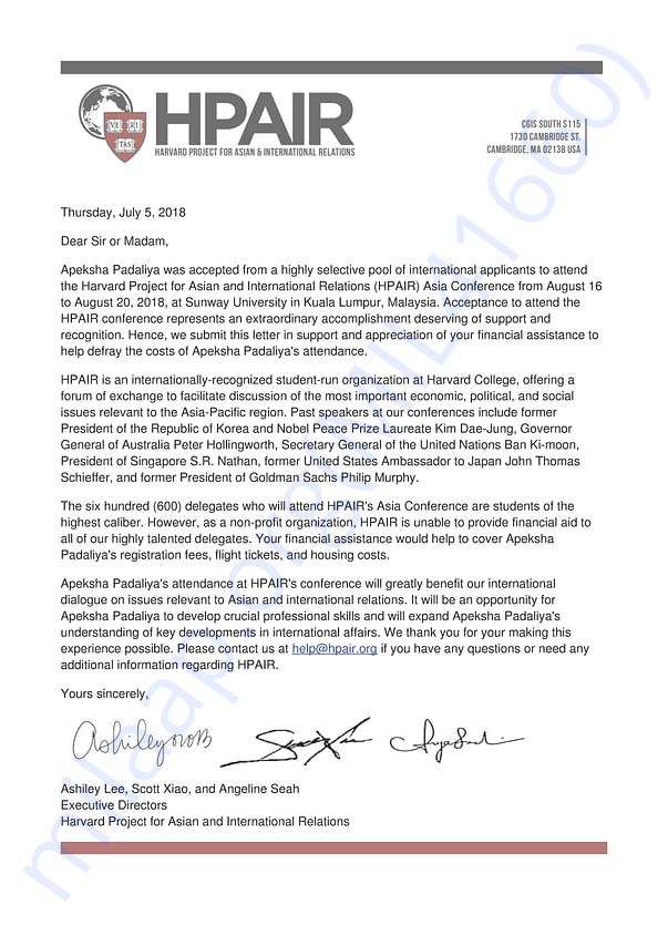 Finance Support letter provided by Harvard