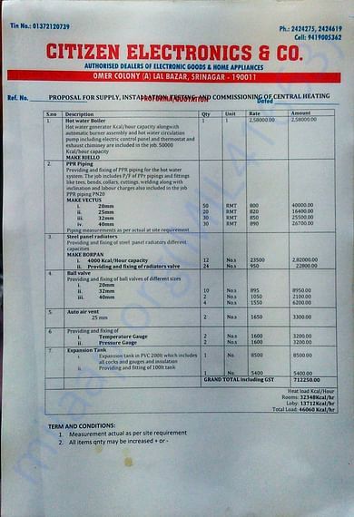 estimate for the total setup of solar heater