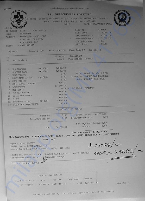 Outstanding bill of treatment