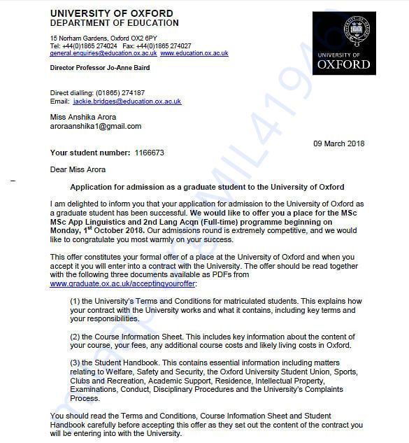 My University offer letter
