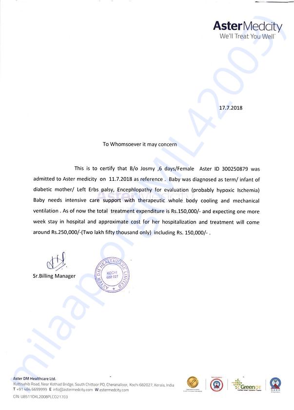 Medical expense estimation from treating Hospital
