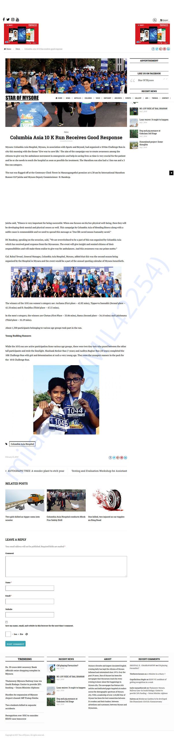 Newspaper appearance marathon 10k 3rd place