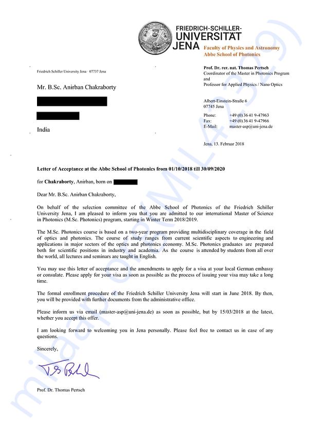 Letter of Acceptance from the University of Jena