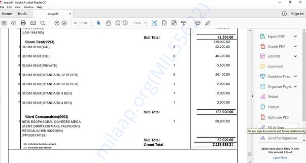 Snapshot of last page of Medical Bills. Medical bills run in 102 pages