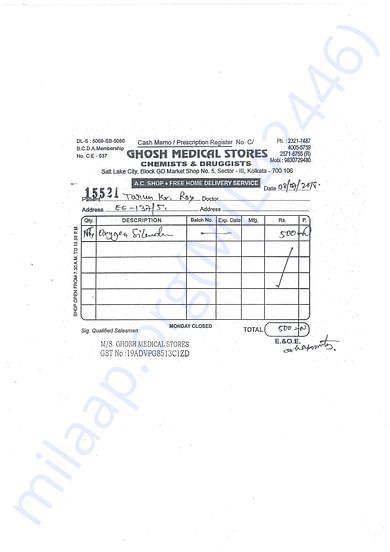 Per Oxygen Cylinder Bill