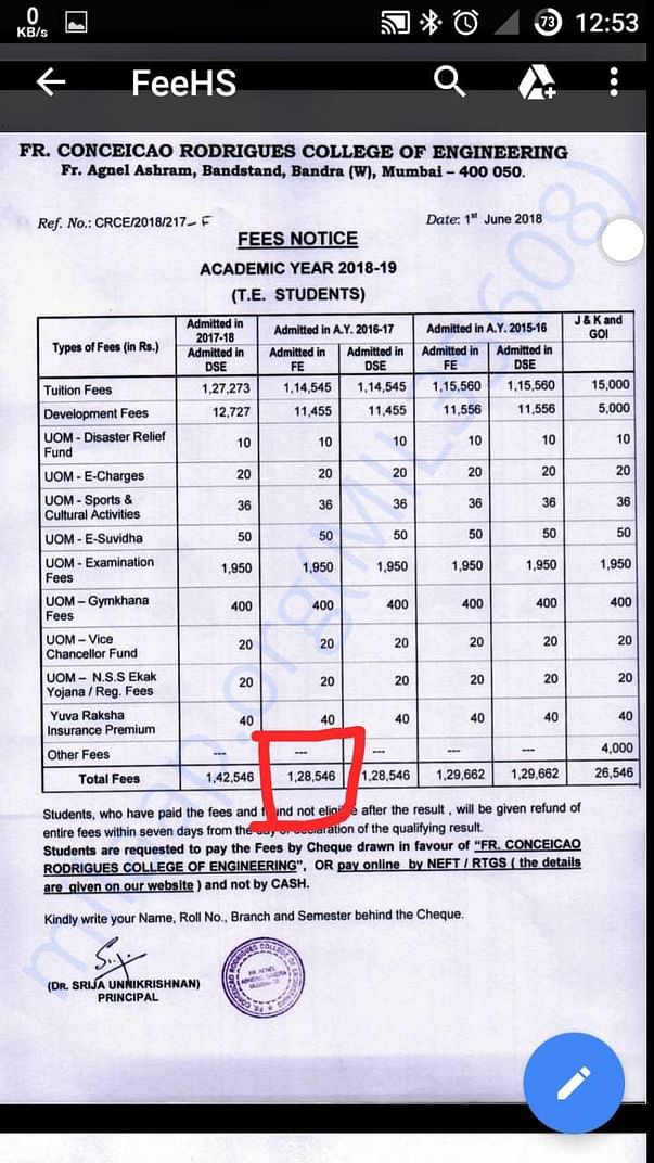Fee Structure of Sultan's Engineering Course for 2018-19