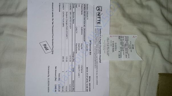 MRI Bill of K.S.Hegde hospital Mangalore.