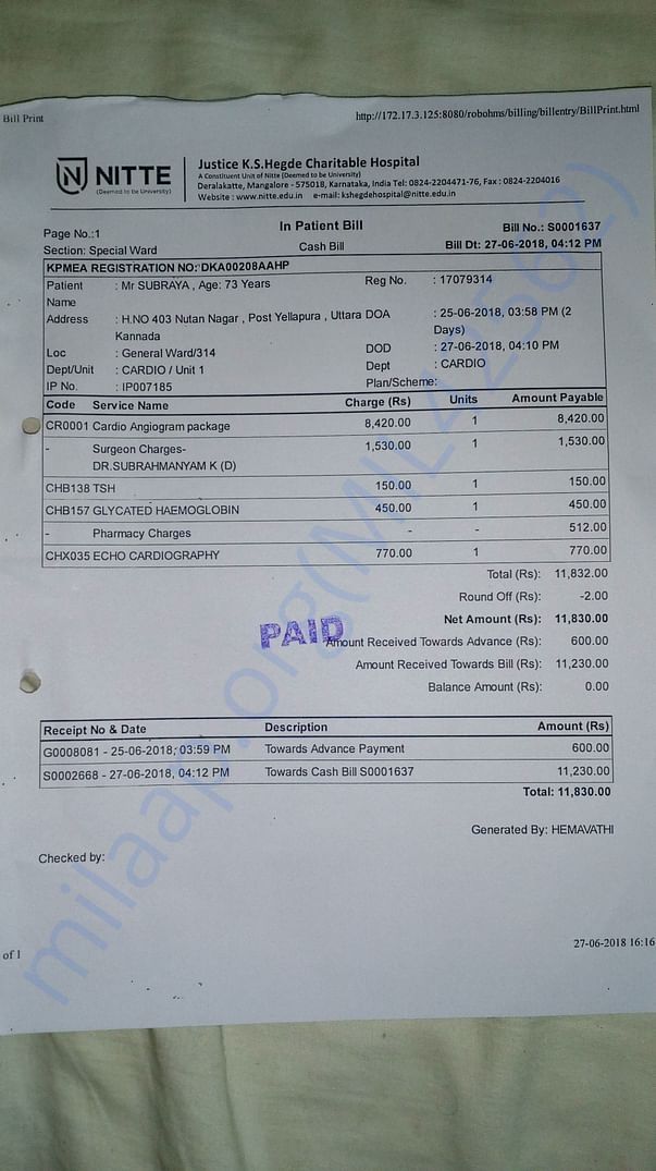 Angiogram Charges from .K.S.Hegde Hospital Mangalore.