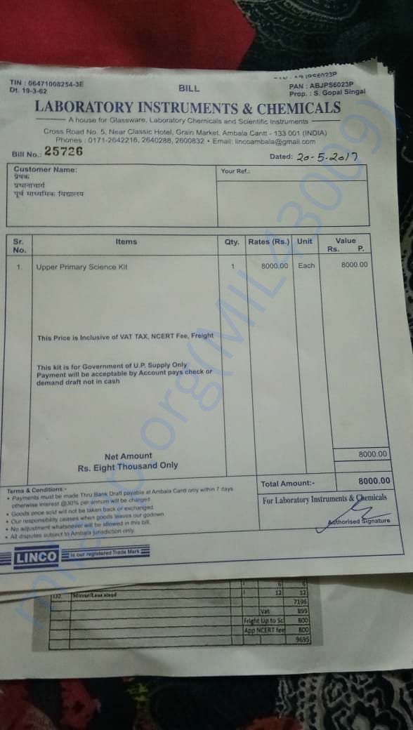 Receipt for a kit that we have bought