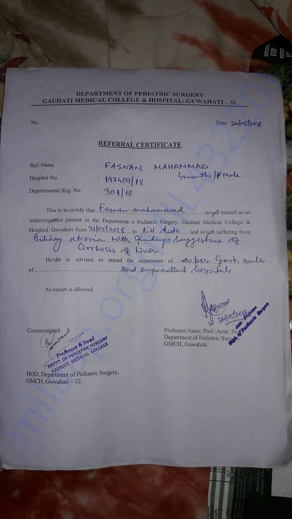 Refer from guwahati GMCH to Banglore Narayana hospital
