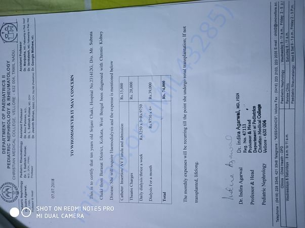 Estimated cost of srijani's haemodialysis