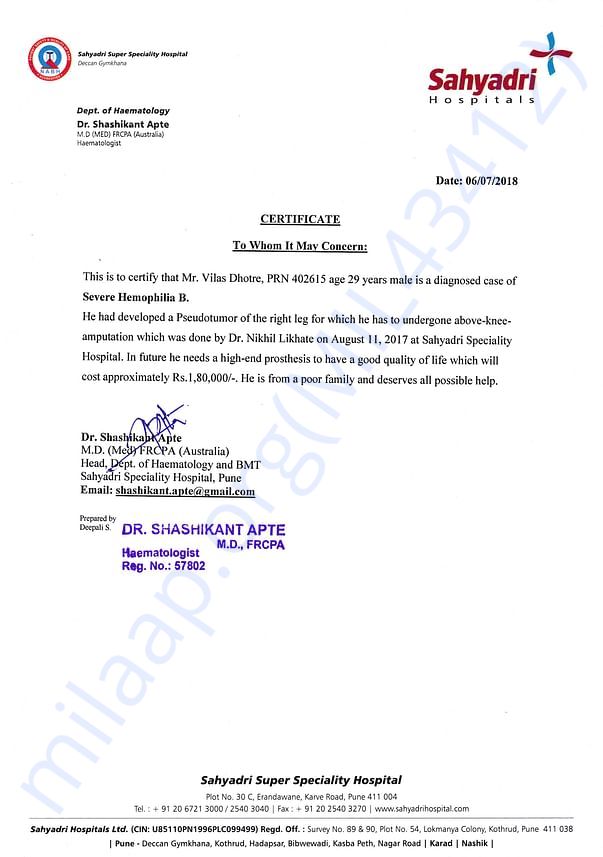 Dr. Shashikant Apte, Hematologist, Pune. Reference Letter
