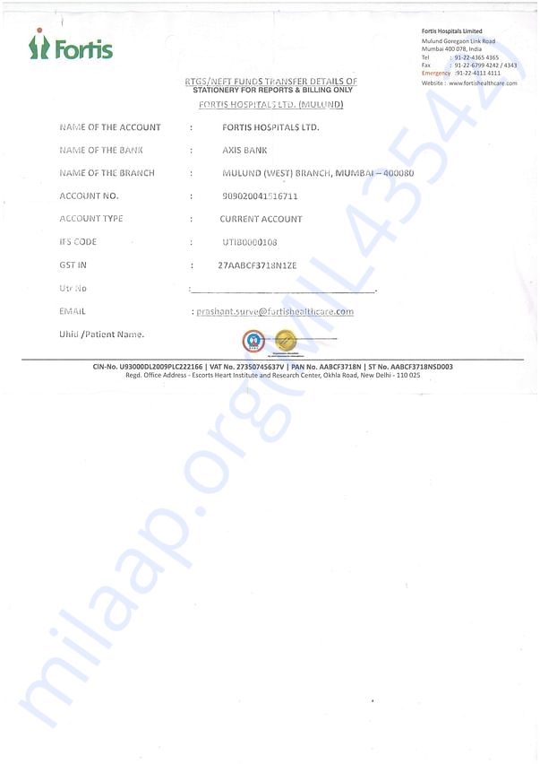 FORTIS HOSPITAL BANK DETAILS