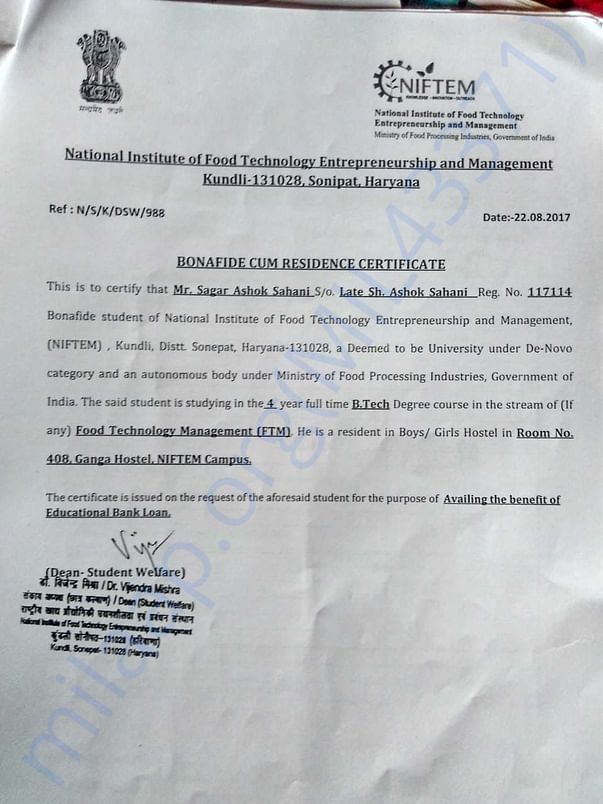 Bonafide certificate from Institute