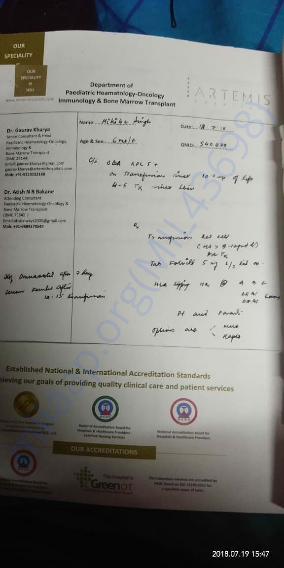 Latest Prescription from Doctor performing Bone Marrow Transplant