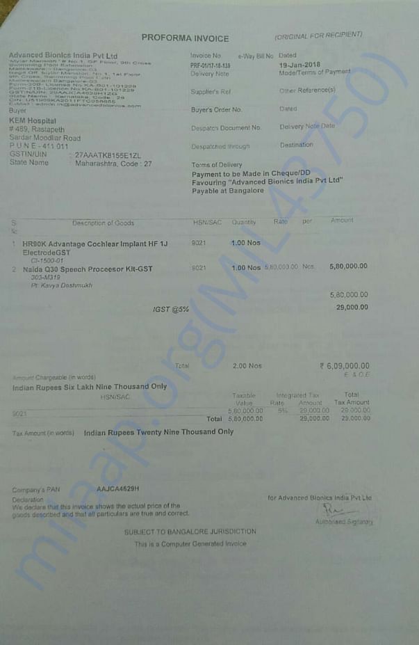 Invoice from Adavnced Bionics for the Cochlear Implant Device