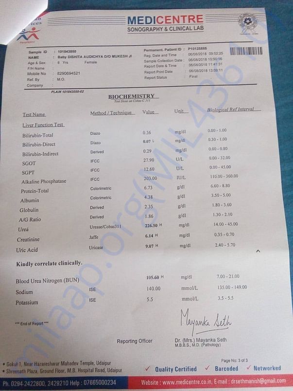 Biochemistry report dated 06/08/2018