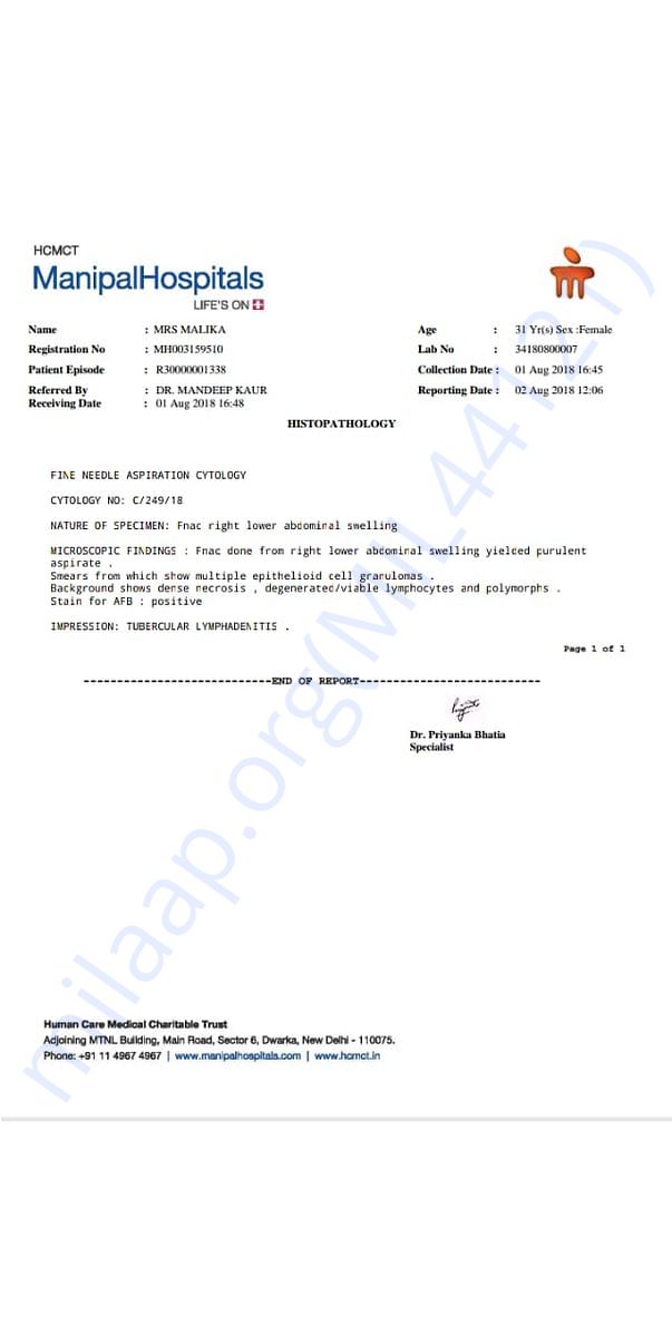 Report from Biopsy test from Manipal Hospital