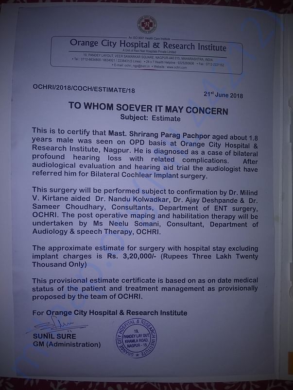 QUOTATION FOR SURGERY OF CHOCLEA IMPLANT