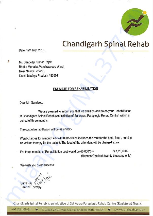 Estimate for treatment of sandeep