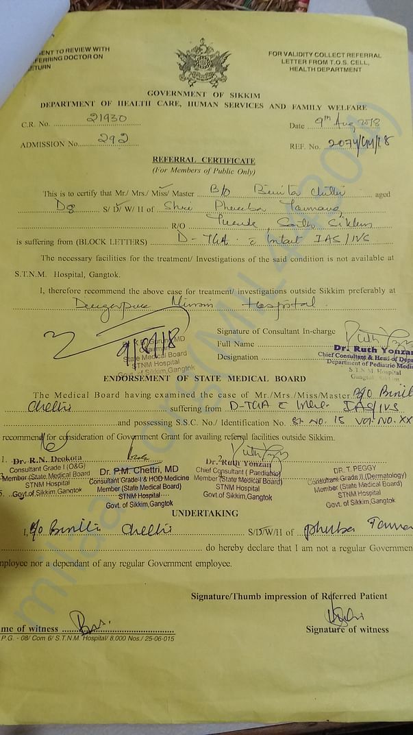 Referral certificate from STNM,Gangtok,Sikkim