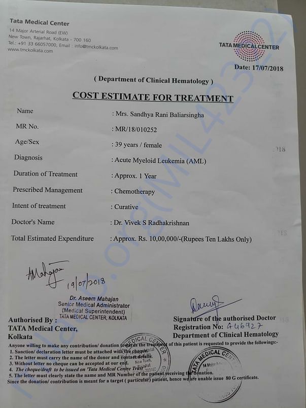 Sandhya's initial treatment cost estimate